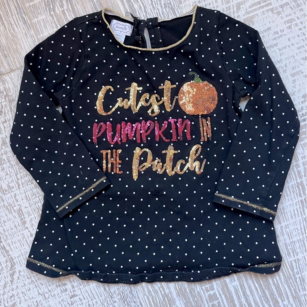 Mud pie Black Cutest Pumpkin in the Patch Shirt EUC Glitter Sequin 2t 3t
